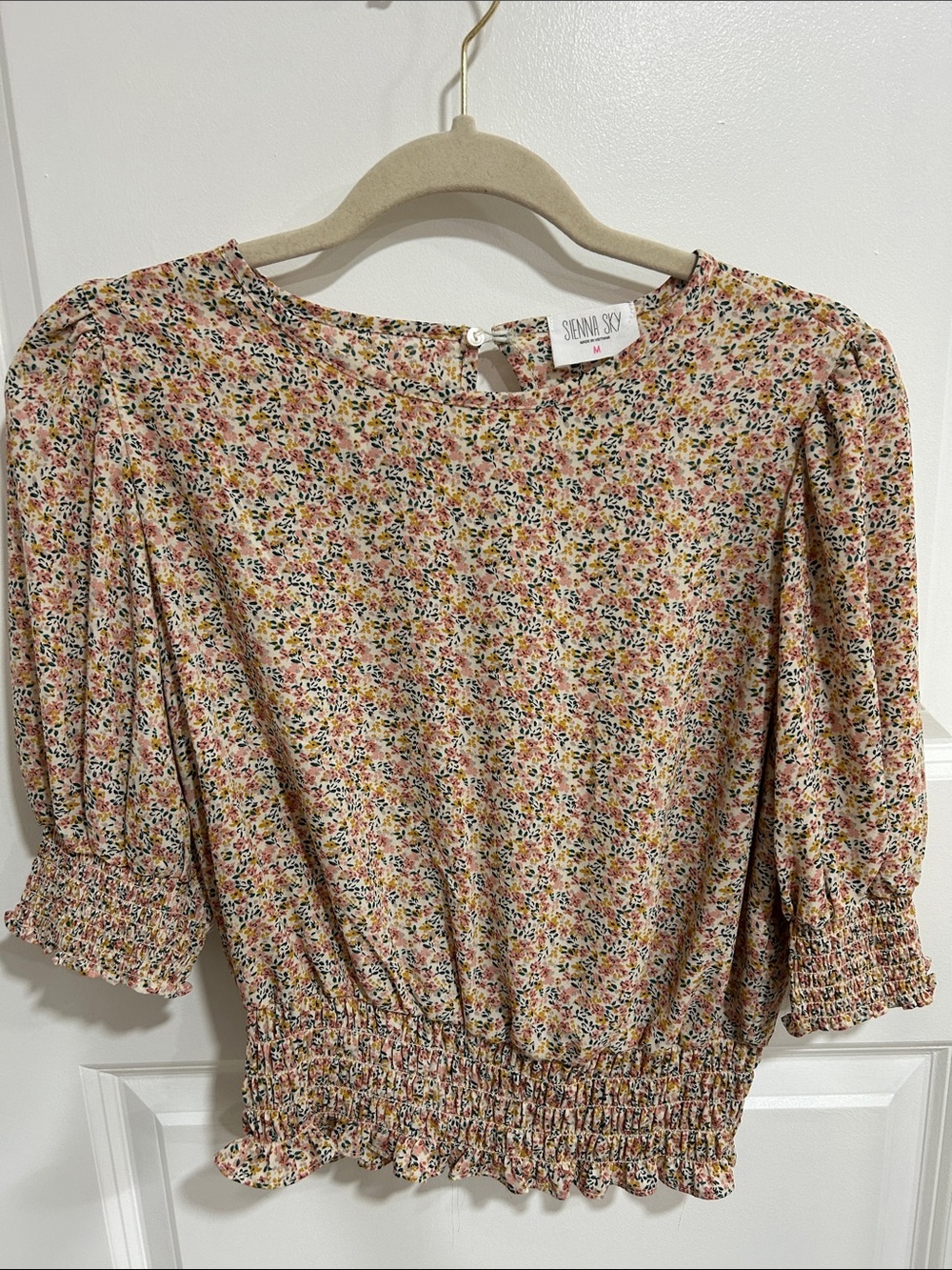 Sienna Sky Pink Floral Smocked Waist Puff Sleeve Dress